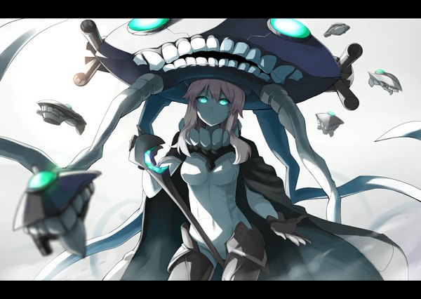 Anime picture 1174x835 with kantai collection wo-class aircraft carrier emerane single long hair looking at viewer pink hair aqua eyes teeth depth of field pale skin expressionless shinkaisei-kan girl gloves weapon gun cape bodysuit