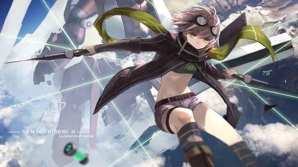 Anime picture 1559x876 with eiyuu densetsu fie claussell swd3e2 single looking at viewer short hair wide image yellow eyes sky cloud (clouds) grey hair girl navel weapon socks glasses shorts scarf
