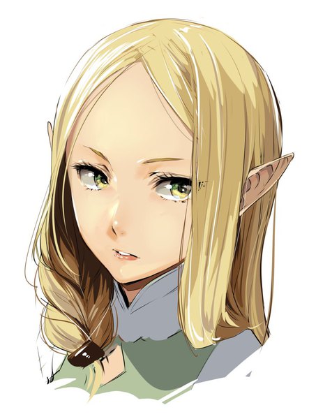 Anime picture 720x975 with isekai shokudou silver link fardania enami katsumi single long hair tall image simple background blonde hair white background green eyes payot looking away upper body braid (braids) parted lips pointy ears side braid elf girl