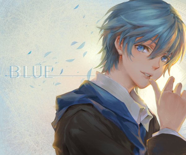 Anime picture 944x787 with original shangguan feiying single looking at viewer fringe short hair blue eyes hair between eyes blue hair upper body parted lips head tilt light smile inscription finger to mouth backlighting boy shirt petals white shirt