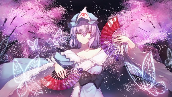 Anime picture 1600x900 with touhou saigyouji yuyuko kaiza (rider000) single looking at viewer short hair wide image pink hair pink eyes cherry blossoms girl dress bow plant (plants) petals tree (trees) insect butterfly bonnet fan