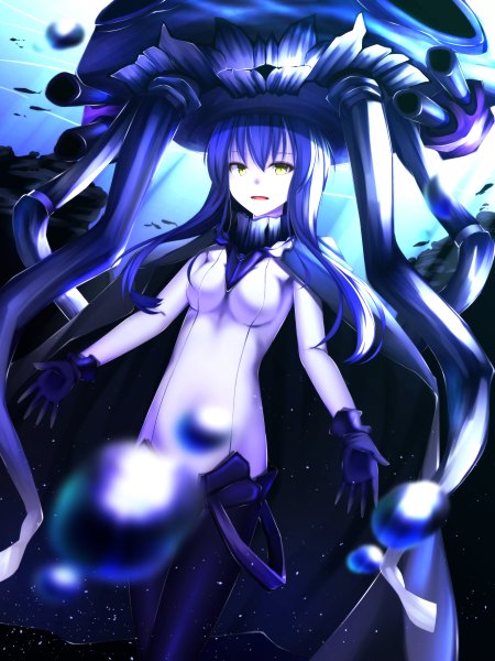 Anime picture 900x1200 with kantai collection wo-class aircraft carrier waterdog single long hair tall image looking at viewer fringe breasts open mouth green eyes blue hair shinkaisei-kan girl bodysuit monster