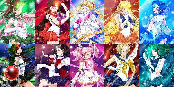 Anime picture 2000x1000 with bishoujo senshi sailor moon toei animation tsukino usagi sailor moon aino minako kino makoto sailor venus sailor mars sailor mercury sailor jupiter sailor saturn sailor chibi moon meiou setsuna sailor neptune sailor uranus sailor pluto kyara17 (artist) long hair highres short hair