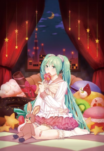 Anime picture 1240x1800 with vocaloid lol -lots of laugh- (vocaloid) hatsune miku wokara single long hair tall image blush open mouth twintails aqua eyes aqua hair night eating checkered floor bandaid on leg girl food window star (symbol)