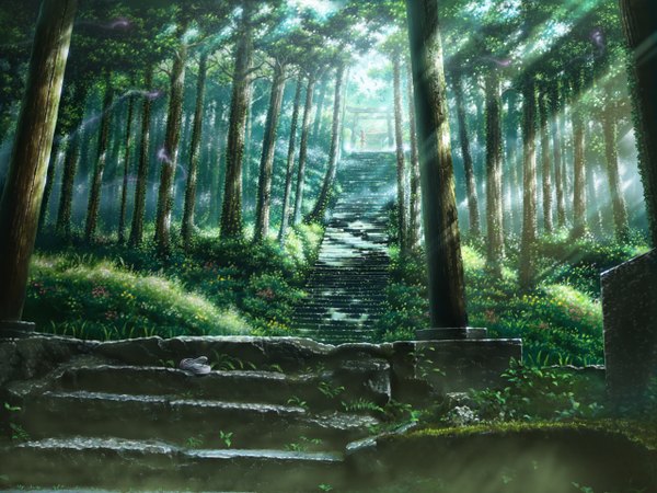 Anime picture 1280x960 with tonari no totoro studio ghibli kashi takahisa single nature girl flower (flowers) plant (plants) animal tree (trees) bird (birds) stairs sandals