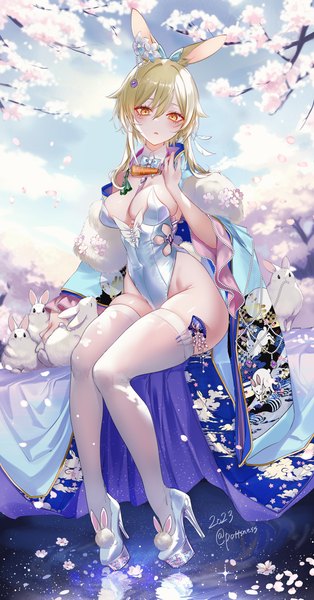 Anime picture 2200x4200 with genshin impact lumine (genshin impact) pottsness single tall image looking at viewer blush fringe highres short hair breasts open mouth light erotic blonde hair hair between eyes sitting signed animal ears full body outdoors