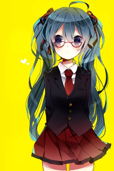Anime picture 600x900 with vocaloid hatsune miku niwa (ejizon) single long hair tall image blush fringe blue eyes simple background hair between eyes standing twintails looking away ahoge aqua hair hands behind back yellow background girl uniform