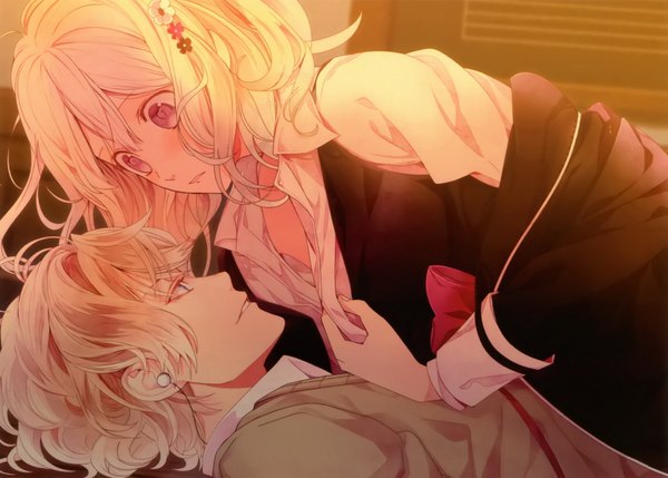 Anime picture 1813x1298 with diabolik lovers idea factory sakamaki shuu komori yui satoi (artist) long hair tall image blush highres short hair blue eyes blonde hair white hair pink eyes light smile classroom girl boy hair ornament bow