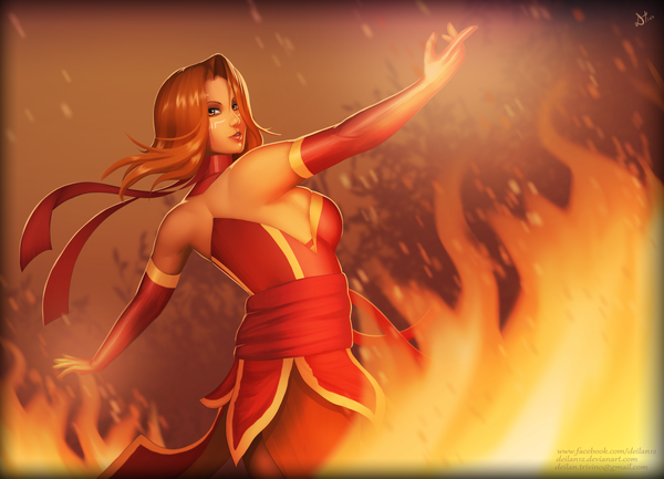 Anime picture 2700x1950 with dota 2 (game) lina (dota 2) deilan12 (artist) single looking at viewer highres short hair breasts looking back lips orange hair orange eyes girl dress red dress fire flame