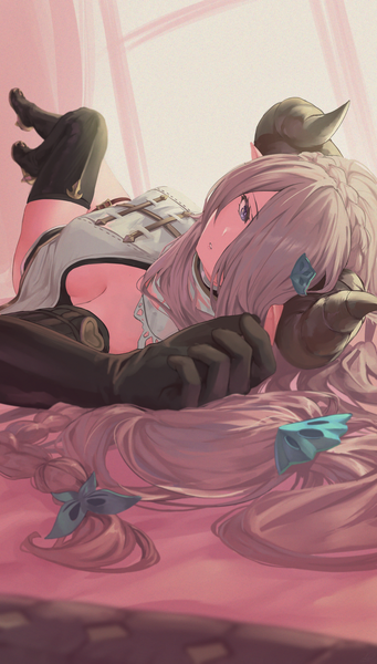 Anime picture 2605x4577 with granblue fantasy narmaya (granblue fantasy) nev (nevblindarts) single long hair tall image looking at viewer fringe highres breasts blue eyes light erotic large breasts purple hair indoors lying braid (braids) horn (horns) hair over one eye legs up