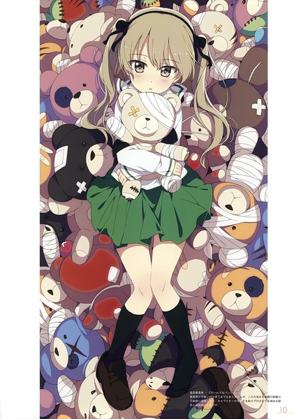 Anime-Bild 2458x3500 mit girls und panzer milky been! (ogipote) - chara pack 2017 (artbook) shimada arisu boko (girls und panzer) ogipote single long hair tall image looking at viewer fringe highres brown hair twintails holding brown eyes full body lying long sleeves parted lips pleated skirt