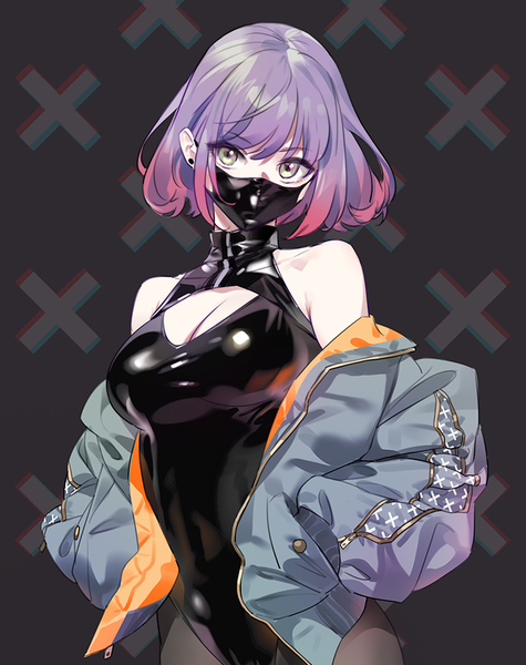 Anime picture 700x885 with original luna (yd) yd (orange maru) single tall image looking at viewer fringe short hair breasts light erotic simple background large breasts standing bare shoulders green eyes cleavage purple hair multicolored hair off shoulder open jacket