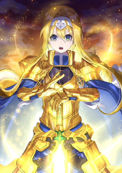 Anime picture 2896x4096 with sword art online a-1 pictures alice zuberg r (ryo) single long hair tall image looking at viewer fringe highres open mouth blonde hair hair between eyes standing green eyes looking down glowing weapon girl weapon armor
