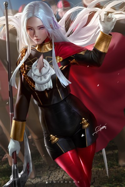 Anime picture 2339x3508 with fire emblem fire emblem: three houses nintendo edelgard von hresvelg zumi (zumidraws) long hair tall image looking at viewer blush fringe highres breasts standing purple eyes holding signed payot sky outdoors white hair