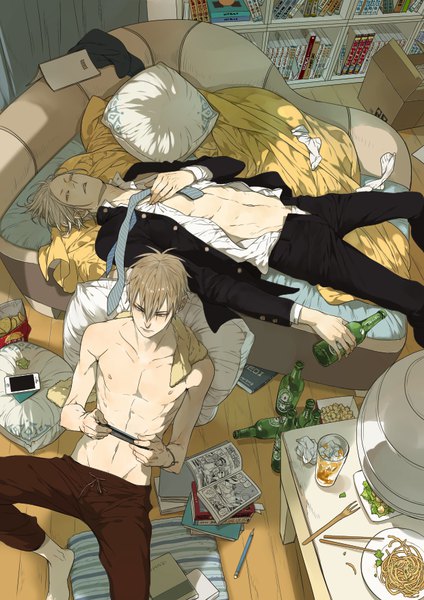 Anime picture 620x877 with 19 days jian yi zhan zheng xi oldxian tall image fringe short hair light erotic blonde hair hair between eyes sitting bent knee (knees) indoors lying parted lips from above multiple boys on back leaning open shirt