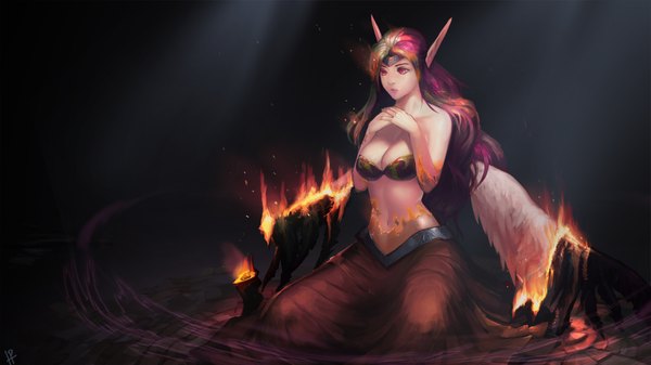 Anime picture 1920x1080 with league of legends morgana (league of legends) instant-ip long hair highres breasts light erotic red eyes wide image sitting red hair pointy ears dark background angel wings girl wings fire
