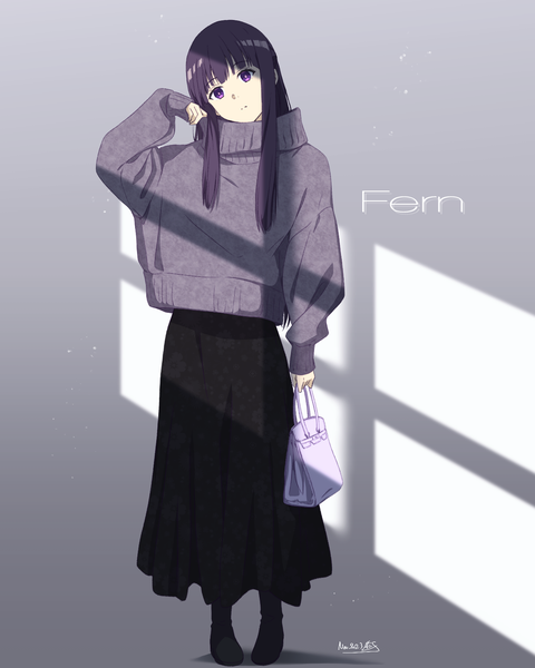Anime picture 1280x1600 with sousou no frieren fern (sousou no frieren) nii manabu single long hair tall image looking at viewer fringe standing purple eyes purple hair full body long sleeves head tilt shadow alternate costume character names sleeves past wrists expressionless contemporary