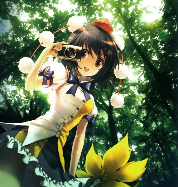 Anime picture 2007x2108 with touhou gensou kaikyou (artbook) shameimaru aya an2a single tall image looking at viewer highres short hair open mouth black hair smile brown eyes pantyshot photo background girl pantyhose headdress fan camera