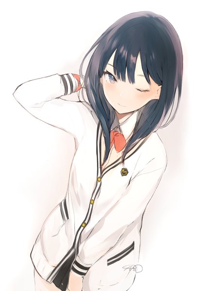 Anime picture 612x894 with gridman universe ssss.gridman studio trigger takarada rikka lpip single long hair tall image looking at viewer blush fringe blue eyes black hair simple background hair between eyes standing white background signed one eye closed arm behind head