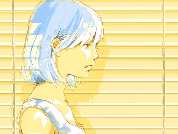 Anime picture 1024x768 with original yodo single short hair blue hair profile shadow yellow background girl jalousie