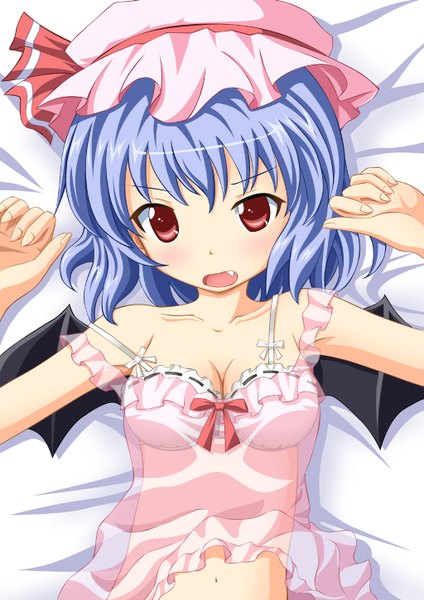 Anime picture 1024x1450 with touhou remilia scarlet neats (artist) single tall image short hair open mouth light erotic red eyes blue hair cleavage lying teeth fang (fangs) girl navel wings bonnet