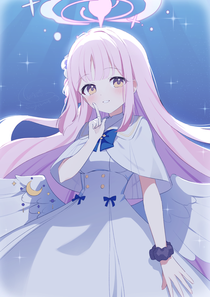 Anime picture 2894x4093 with blue archive mika (blue archive) luna (mi-chanman) single long hair tall image looking at viewer blush fringe highres standing yellow eyes pink hair sparkle white wings wrist scrunchie girl dress wings white dress