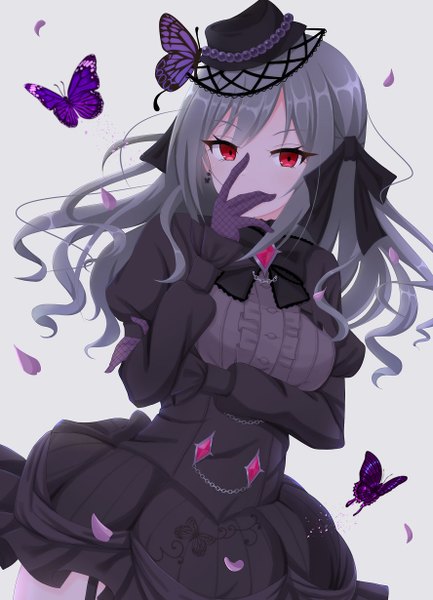 Anime picture 888x1230 with idolmaster idolmaster cinderella girls kanzaki ranko frozenpile single long hair tall image looking at viewer blush fringe simple background red eyes standing grey hair grey background puffy sleeves floating hair covered mouth lolita fashion hand on face