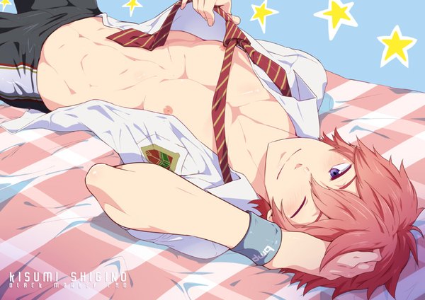 Anime picture 800x566 with free! kyoto animation shigino kisumi mazjojo single fringe short hair light erotic smile hair between eyes purple eyes looking away pink hair lying on back open shirt character names hand on head boy uniform