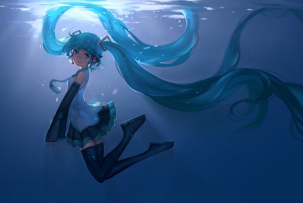 Anime picture 1400x941 with vocaloid hatsune miku hanyijie single looking at viewer twintails very long hair aqua eyes aqua hair tattoo light underwater girl skirt detached sleeves miniskirt water necktie headphones thigh boots