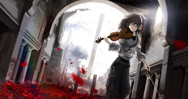 Anime picture 1500x794 with original arufa (hourai-sugar) single short hair brown hair wide image eyes closed girl petals headphones rose (roses) pillar column violin bow (instrument) arch