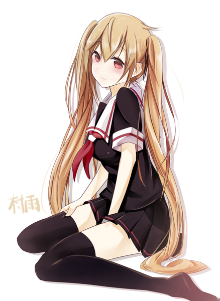 Anime picture 1100x1506 with kantai collection murasame destroyer unajuu (set mk) single long hair tall image blush fringe simple background blonde hair hair between eyes red eyes white background sitting twintails looking away no shoes character names wariza between legs