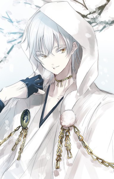 Anime picture 1777x2777 with touken ranbu nitroplus tsurumaru kuninaga kayanogura single tall image fringe highres short hair hair between eyes yellow eyes looking away silver hair upper body traditional clothes japanese clothes snow boy gloves hood