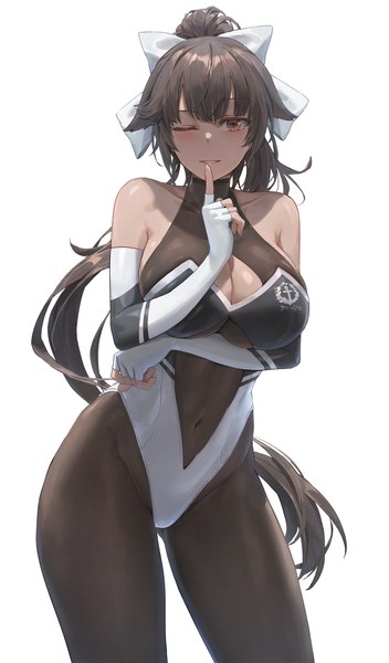 Anime picture 3600x6136 with azur lane takao (azur lane) takao (full throttle charmer) (azur lane) free style (yohan1754) single long hair tall image looking at viewer blush fringe highres breasts light erotic black hair simple background smile large breasts standing white background bare shoulders