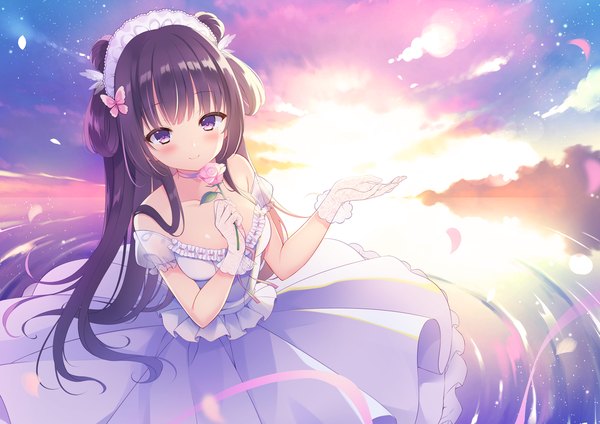 Anime picture 2000x1415 with original toorutsuki hajime single long hair looking at viewer blush fringe highres breasts smile standing purple eyes bare shoulders holding payot sky cleavage purple hair cloud (clouds) outdoors