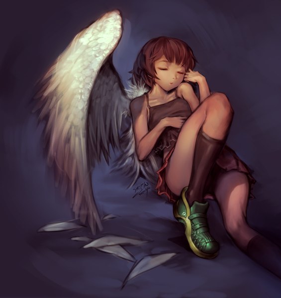 Anime picture 1506x1600 with original saejin oh tall image short hair light erotic brown hair sitting bare shoulders signed eyes closed sleeping girl dress wings socks black socks sneakers