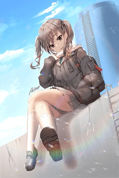 Anime picture 600x900 with idolmaster idolmaster cinderella girls sunazuka akira aile (crossroads) single long hair tall image looking at viewer blush fringe open mouth light erotic hair between eyes brown hair twintails brown eyes signed sky cloud (clouds) full body