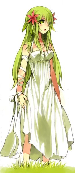 Anime picture 547x1258 with pokemon nintendo shaymin puddingpudding single long hair tall image fringe breasts open mouth simple background hair between eyes standing white background bare shoulders green eyes payot looking away full body hair flower