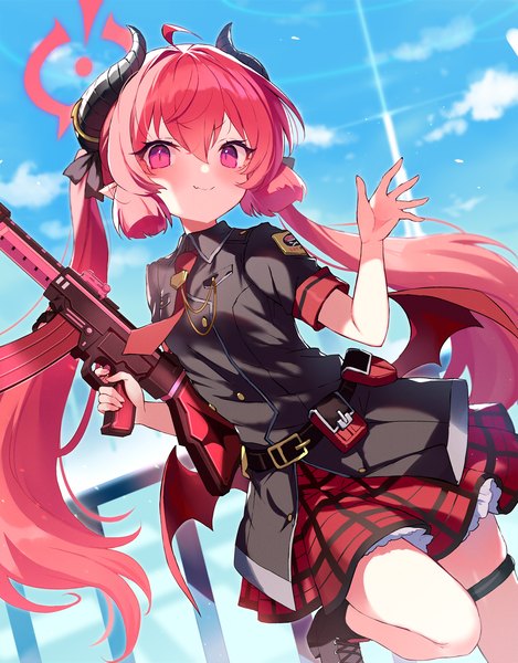 Anime picture 1564x2000 with blue archive junko (blue archive) abusoru single long hair tall image looking at viewer blush fringe smile hair between eyes standing twintails sky cloud (clouds) ahoge outdoors red hair pink eyes standing on one leg