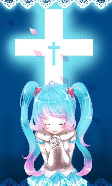 Anime picture 2480x4100 with vocaloid hatsune miku tagme (artist) single long hair tall image blush highres twintails eyes closed aqua hair blue background praying girl skirt gloves petals elbow gloves cross
