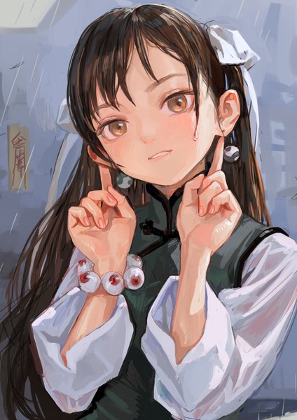 Anime picture 1000x1414 with original eyeball bracelet girl (fkey) fkey single long hair tall image blush fringe brown hair upper body traditional clothes parted lips head tilt fingernails mole two side up mole under eye chinese clothes rain girl