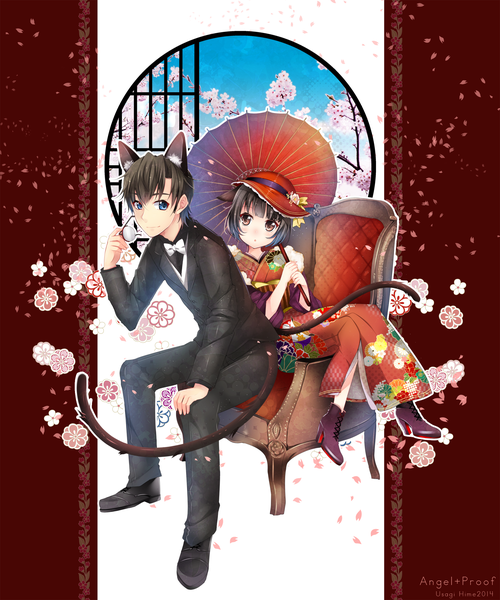 Anime picture 2000x2398 with original usagihime tall image looking at viewer highres short hair blue eyes black hair sitting brown eyes animal ears tail traditional clothes japanese clothes animal tail cat ears cat tail girl dress boy
