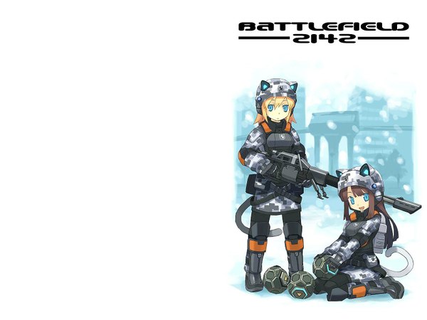 Anime picture 1600x1200 with battlefield battlefield 2142 tanaka (cow) long hair looking at viewer fringe short hair open mouth blue eyes blonde hair hair between eyes brown hair standing white background sitting multiple girls animal ears full body tail :d