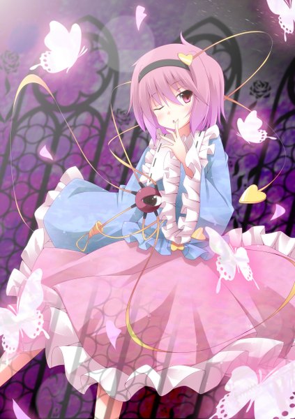 Anime picture 1748x2480 with touhou komeiji satori kurono yuzuko single tall image highres short hair pink hair one eye closed pink eyes wink girl hairband insect butterfly