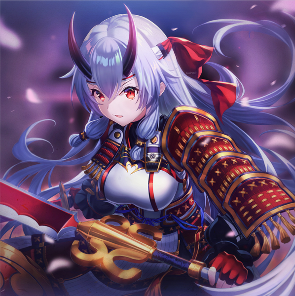 Anime picture 1500x1506 with fate (series) fate/grand order tomoe gozen (fate) narae single long hair tall image looking at viewer fringe breasts open mouth hair between eyes red eyes holding silver hair traditional clothes japanese clothes horn (horns) blurry depth of field