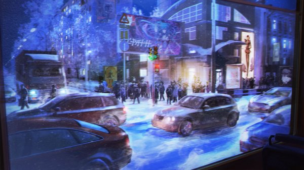 Anime picture 1920x1080 with everlasting summer iichan eroge arsenixc vvcephei highres wide image game cg wallpaper city snowing winter snow scenic street collaboration window building (buildings) ground vehicle car traffic sign