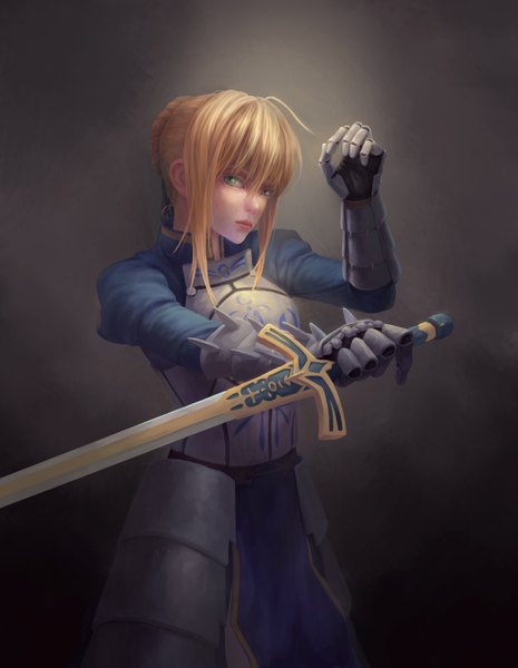 Anime picture 2661x3429 with fate (series) fate/stay night type-moon artoria pendragon (all) saber w.t single tall image looking at viewer fringe highres standing holding green eyes ahoge lips eyebrows girl ribbon (ribbons) weapon