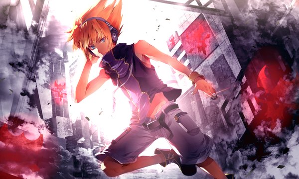 Anime picture 1800x1080 with the world ends with you sakuraba neku sunakumo highres short hair blue eyes blonde hair wide image city boy shorts boots headphones building (buildings) wristlet