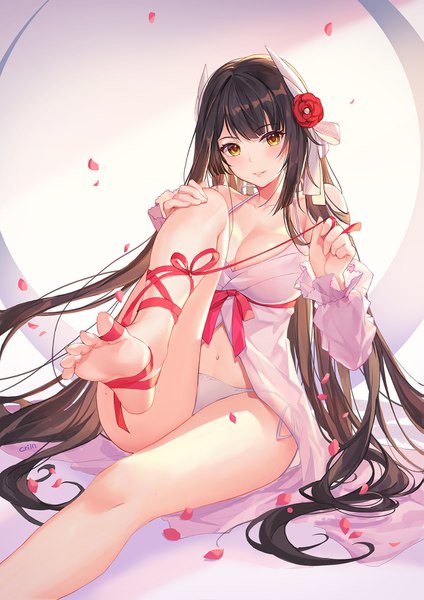 Anime picture 1155x1634 with azur lane hiei (azur lane) hiei (pilgrimage of moonlight) (azur lane) criin single long hair tall image looking at viewer blush fringe breasts light erotic black hair simple background sitting bare shoulders signed cleavage bent knee (knees) parted lips