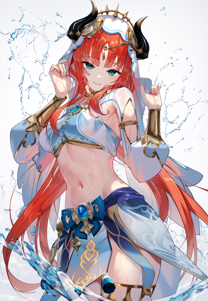 Anime picture 1724x2500 with genshin impact nilou (genshin impact) scottie (phantom2) single tall image looking at viewer blush fringe highres breasts blue eyes light erotic standing twintails red hair blunt bangs very long hair parted lips head tilt horn (horns)