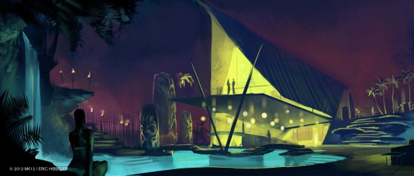 Anime picture 1200x511 with original sketcheth (artist) wide image sitting night night sky waterfall girl swimsuit plant (plants) tree (trees) water building (buildings) palm tree fence pool people statue torch